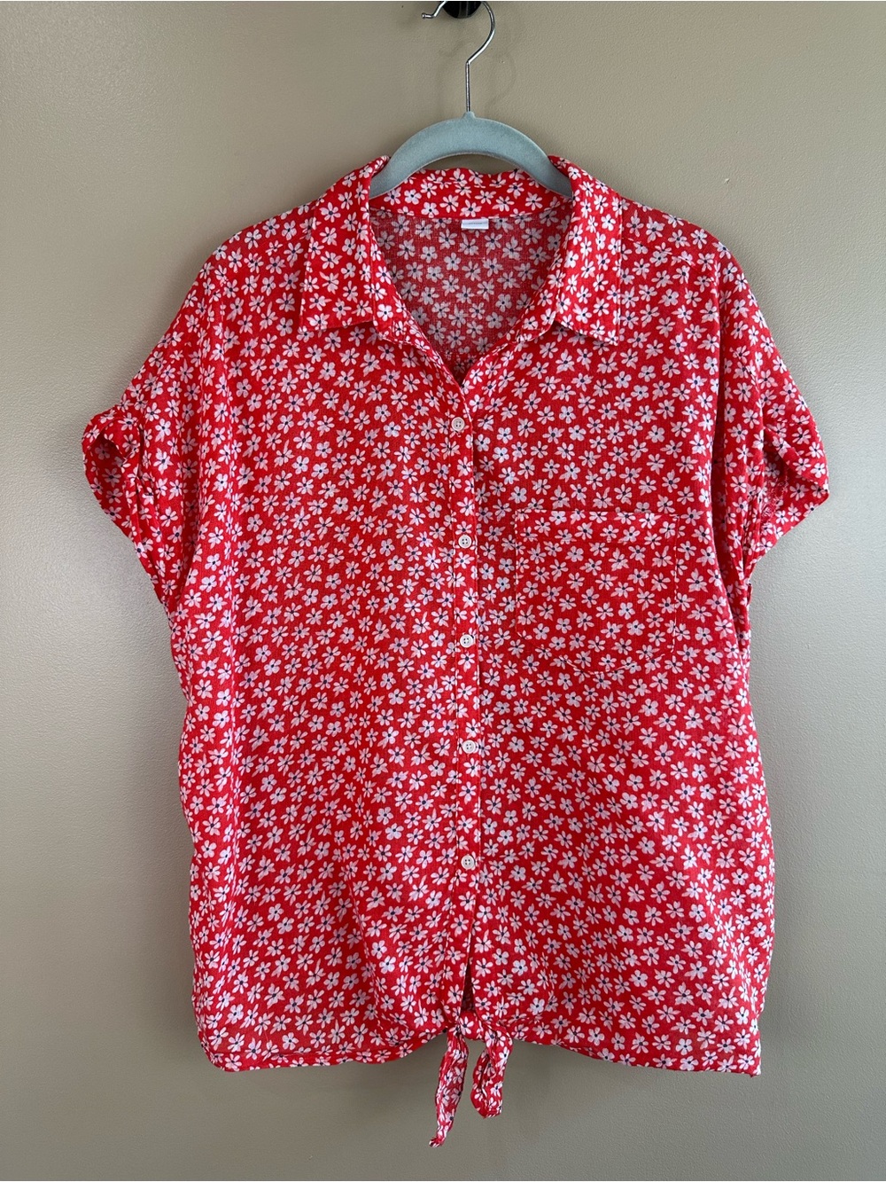 Old Navy Red Floral Linen Blend Tie Front Button Shirt Women’s Large L Daisy
